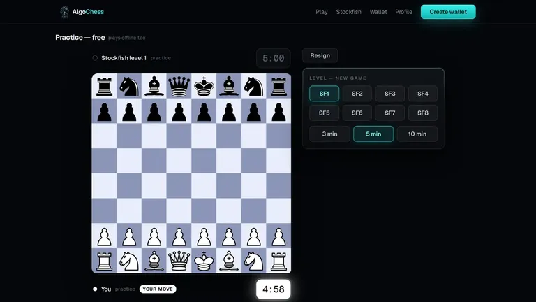 The AlgoChess practice board against Stockfish level 1, white to move