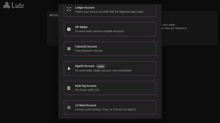 Lute's settings screen, where the network list and the gold theme option sit