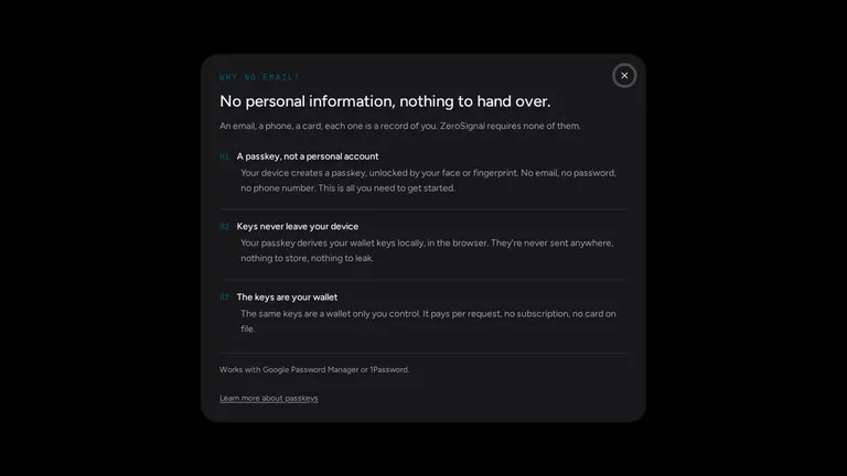 The sign-in screen, where a passkey creates the account and derives the wallet