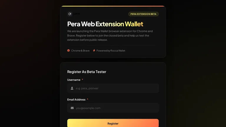 The Pera Web Extension beta dashboard at beta.perawallet.app, where testers register.