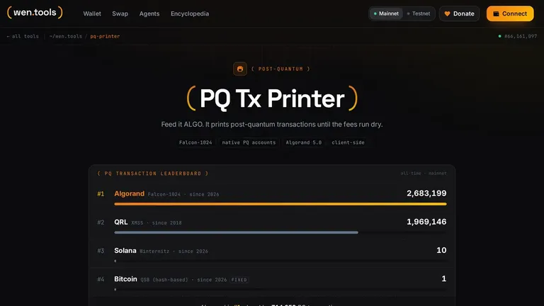 The PQ Tx Printer page on wen.tools, showing a generated printer address and its balance