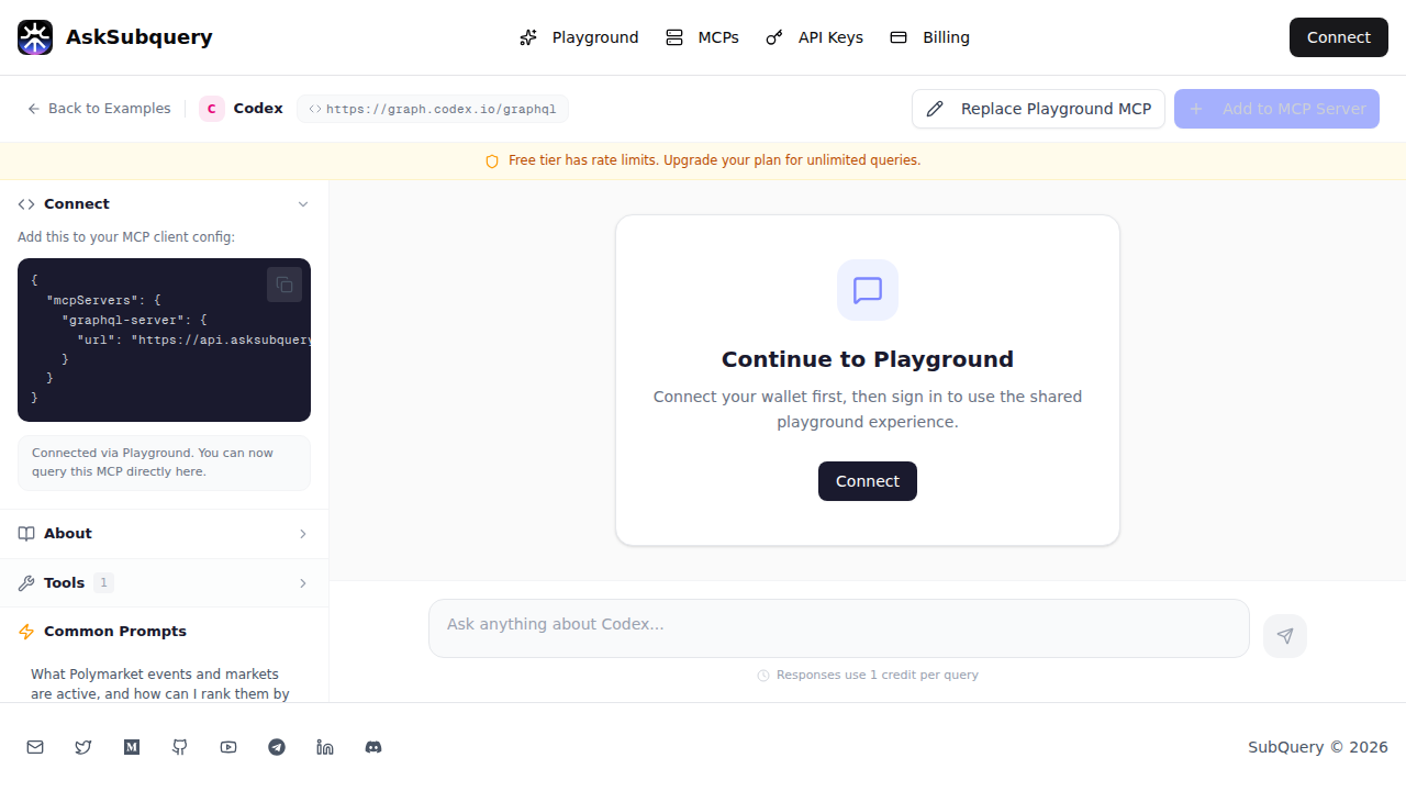 The Codex playground, with the MCP server address and a config snippet to paste into an AI client.