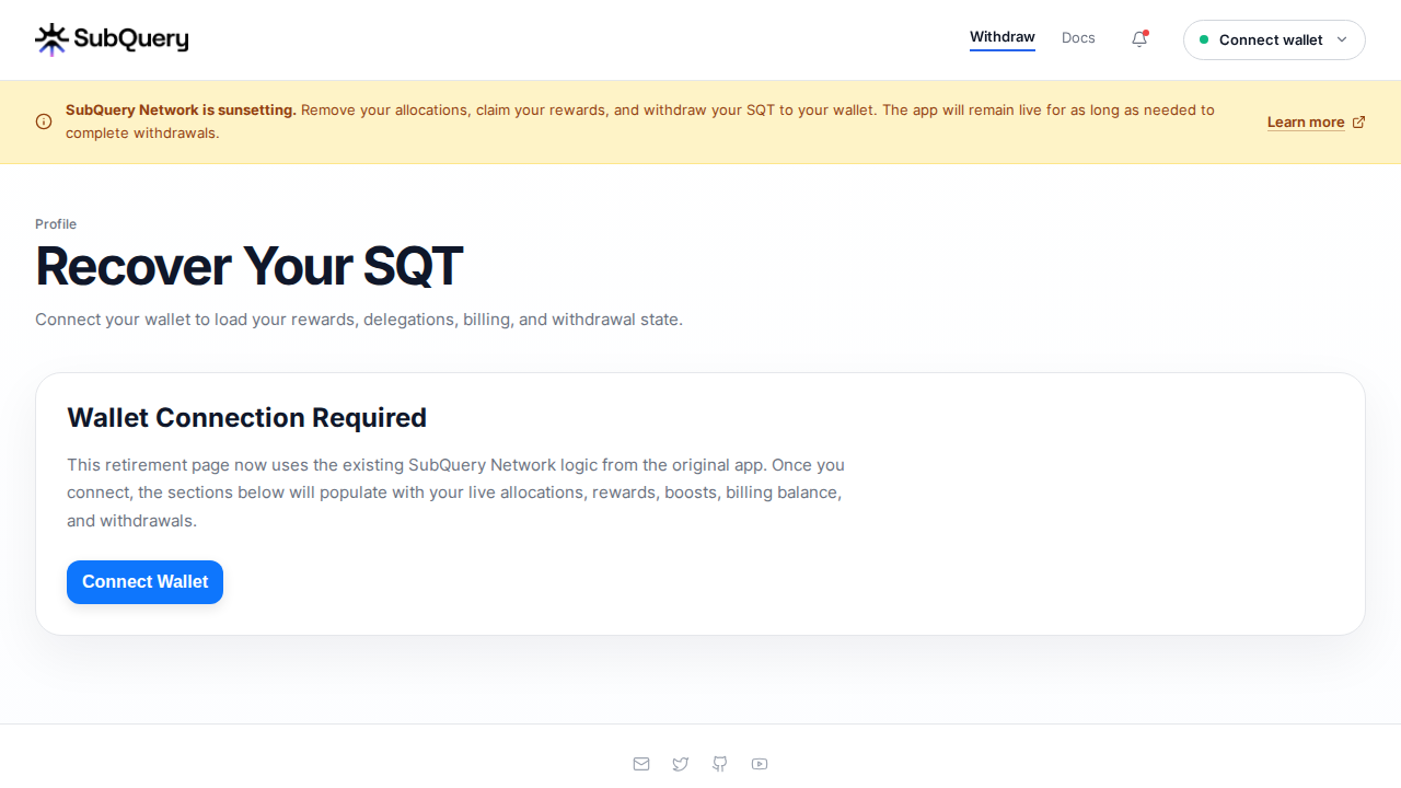 app.subquery.network is now a retirement page for recovering staked SQT.